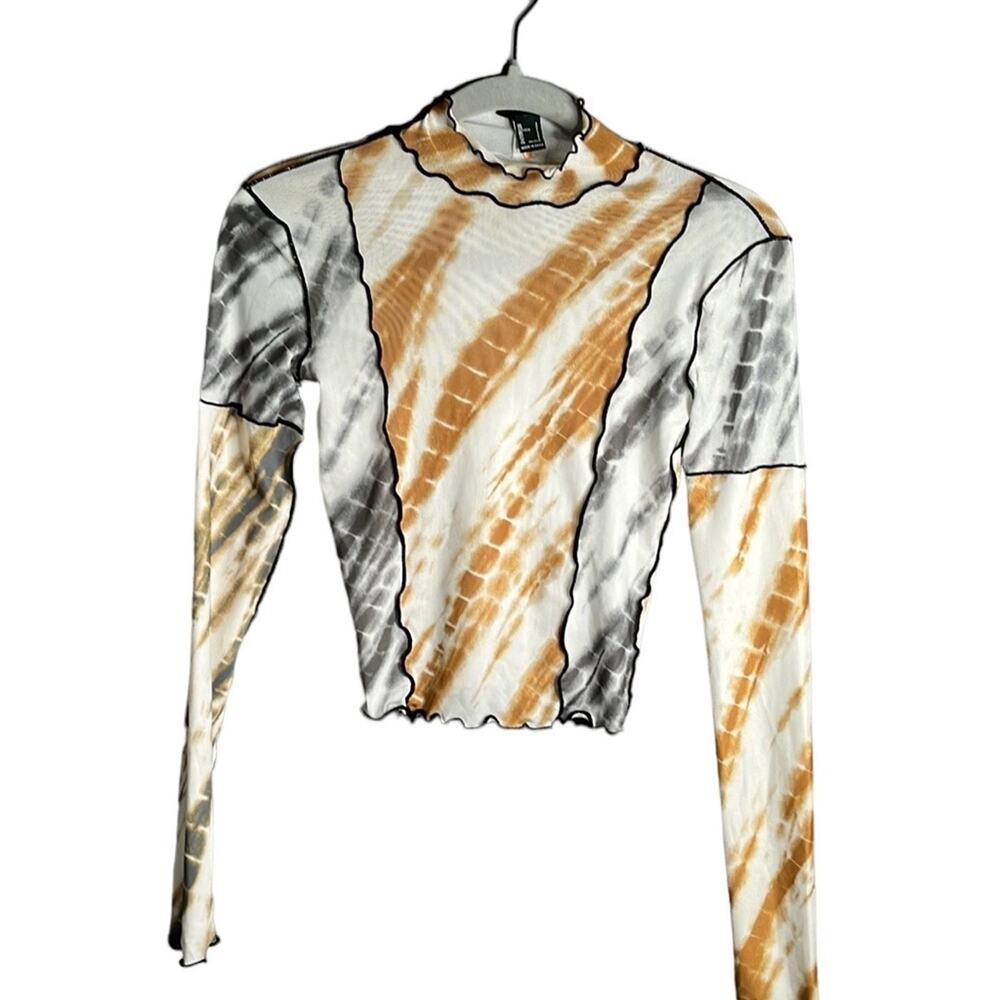 Forever 21 White Brown Mesh High Neck Top Small